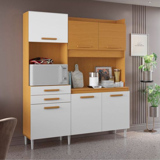 Armário de Cozinha Aramóveis Selena Select R2000445  espaço para micro-ondas com 182 cm largura Cinamomo Branco