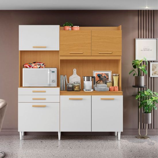 Armário de Cozinha Aramóveis Selena Select R2000445  espaço para micro-ondas com 182 cm largura Cinamomo Branco