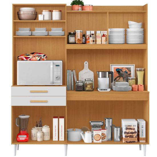 Armário de Cozinha Aramóveis Selena Select R2000445  espaço para micro-ondas com 182 cm largura Cinamomo Branco