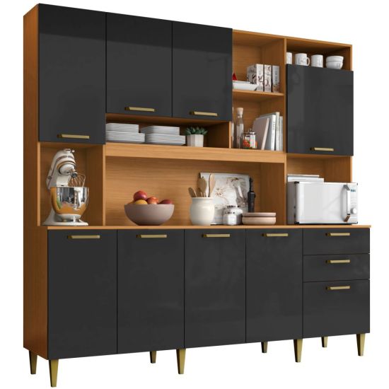 Armário de Cozinha Aramóveis Mega Petra R2000449 espaço para micro-ondas com 208 cm de largura Cinamomo Grafite