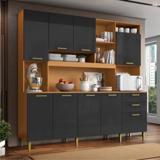 Armário de Cozinha Aramóveis Mega Petra R2000449 espaço para micro-ondas com 208 cm de largura Cinamomo Grafite