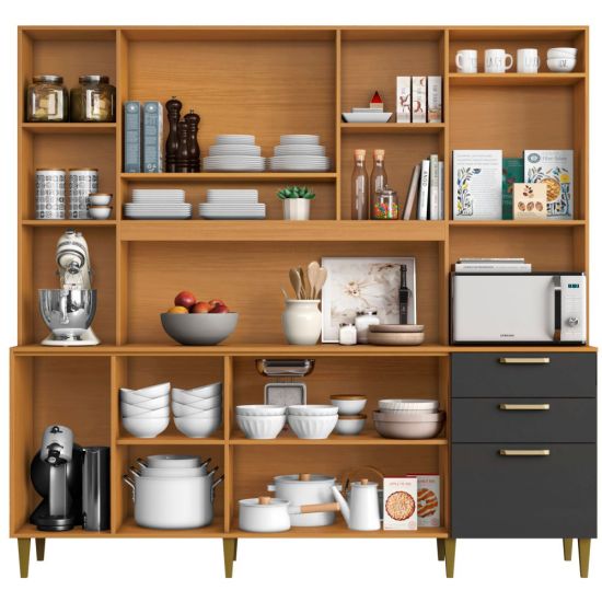 Armário de Cozinha Aramóveis Mega Petra R2000449 espaço para micro-ondas com 208 cm de largura Cinamomo Grafite