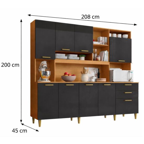 Armário de Cozinha Aramóveis Mega Petra R2000449 espaço para micro-ondas com 208 cm de largura Cinamomo Grafite