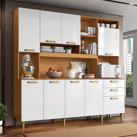 Armário de Cozinha Aramóveis Mega Petra R2000449 espaço para micro-ondas com 208 cm de largura Cinamomo Branco