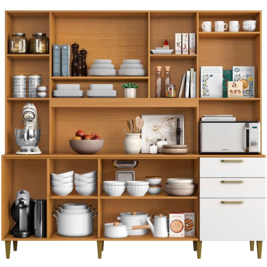 Armário de Cozinha Aramóveis Mega Petra R2000449 espaço para micro-ondas com 208 cm de largura Cinamomo Branco