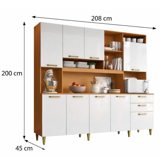 Armário de Cozinha Aramóveis Mega Petra R2000449 espaço para micro-ondas com 208 cm de largura Cinamomo Branco