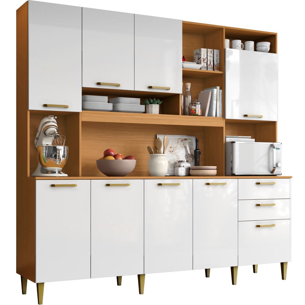 Armário de Cozinha Aramóveis Mega Petra R2000449 espaço para micro-ondas com 208 cm de largura Cinamomo Branco