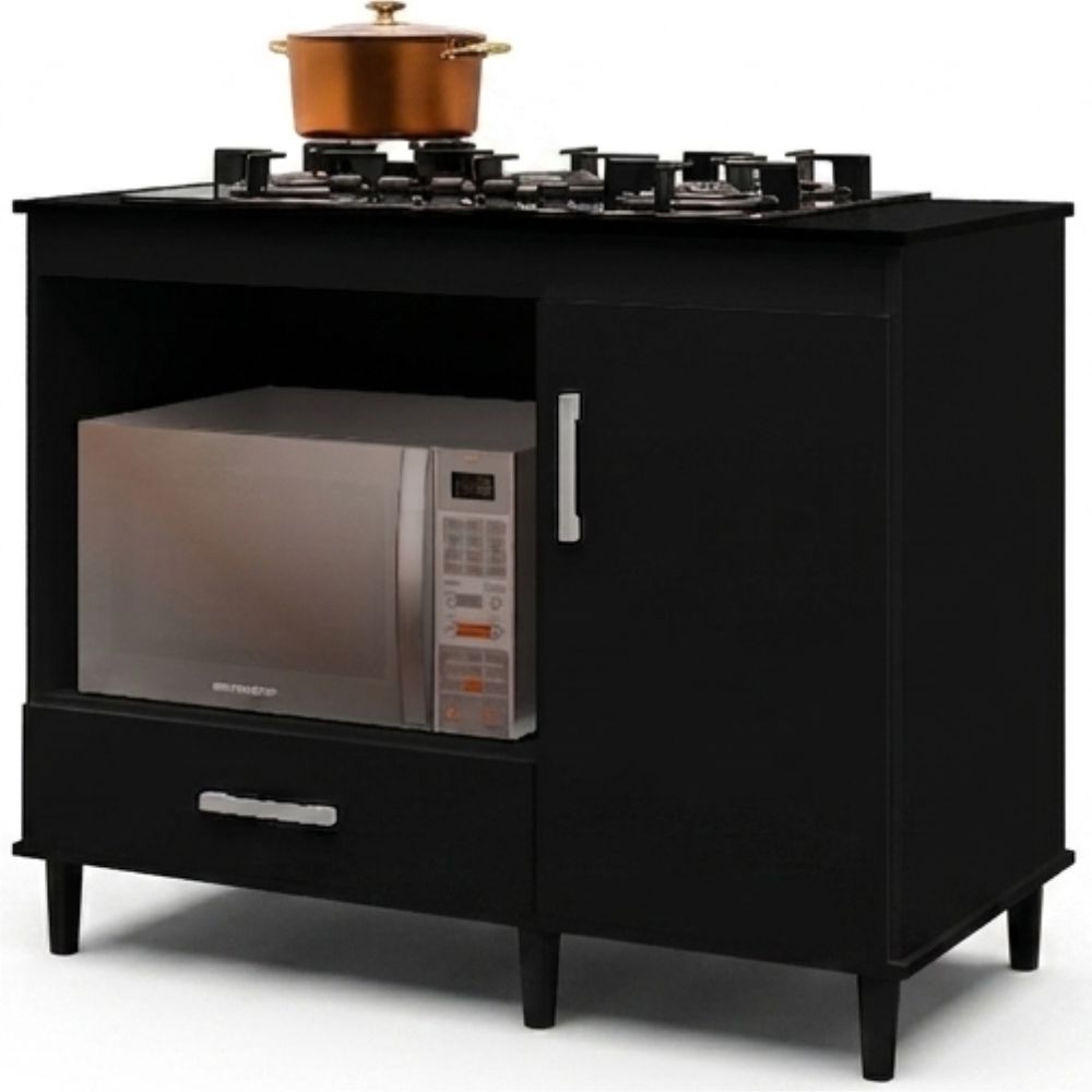 Balcão Cooktop J&A Móveis Classic 5 bocas com porta e gaveta preto