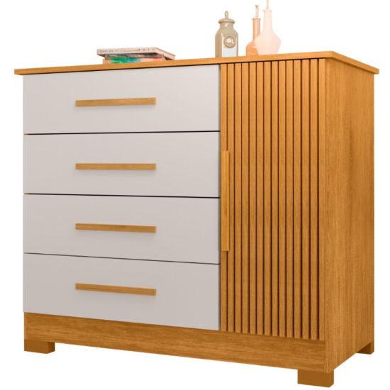 Cômoda J&A Móveis Malibu New Montevidéu  com porta ripado 3D 4 gavetas largura 105 cm Nature OFF White