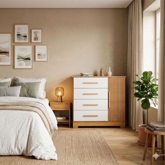 Cômoda J&A Móveis Malibu New Montevidéu  com porta ripado 3D 4 gavetas largura 105 cm Nature OFF White