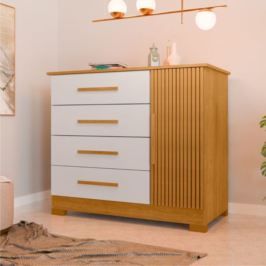Cômoda J&A Móveis Malibu New Montevidéu  com porta ripado 3D 4 gavetas largura 105 cm Nature OFF White