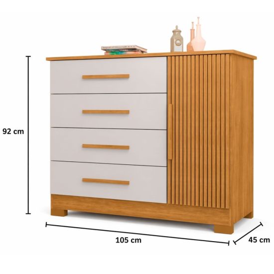 Cômoda J&A Móveis Malibu New Montevidéu  com porta ripado 3D 4 gavetas largura 105 cm Nature OFF White