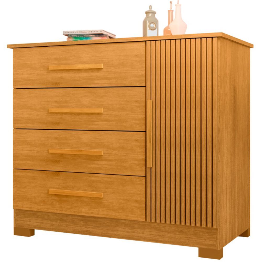 Cômoda J&A Móveis Malibu New Montevidéu  com porta ripado 3D, 4 gavetas, larguras 105 cm Nature 