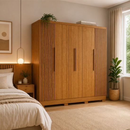 Guarda Roupas de Casal J&A Móveis Malibu New Realce Ripado 3D, 6 portas 4 gavetas Nature 