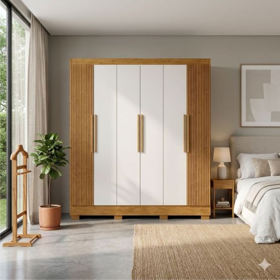 Guarda Roupas de Casal J&A Móveis Malibu New Realce Ripado 3D 6 portas 4 gavetas Nature OFF White