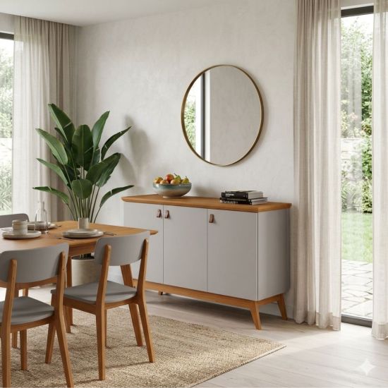 Buffet Balcão Aparador J&A Móveis Absolut 3 portas, largura 122 cm pes de madeira maciça OFF White Nature