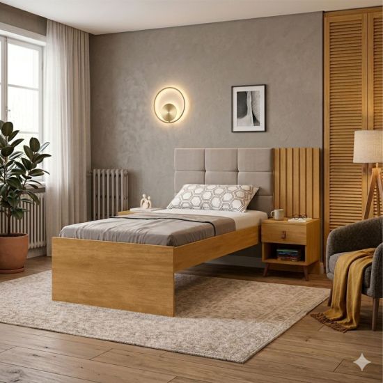 Cama Solteiro ripada estofada capitonê J&A Móveis Lady com mesa de cabeceira Nature