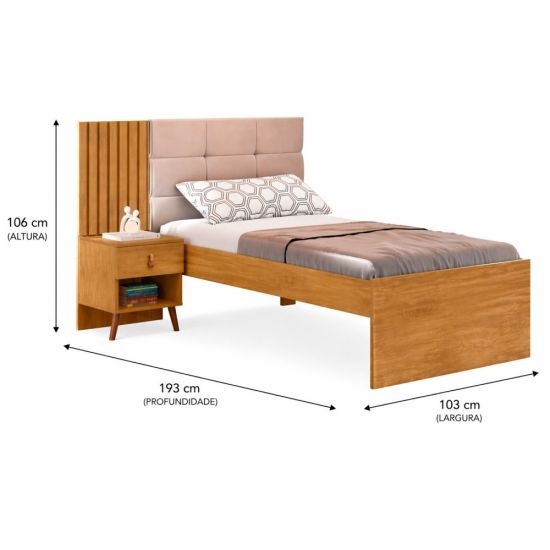 Cama Solteiro ripada estofada capitonê J&A Móveis Lady com mesa de cabeceira Nature