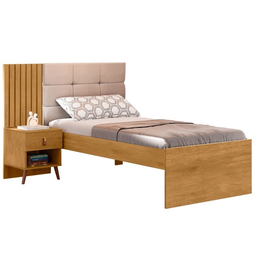 Cama Solteiro ripada estofada capitonê J&A Móveis Lady com mesa de cabeceira Nature