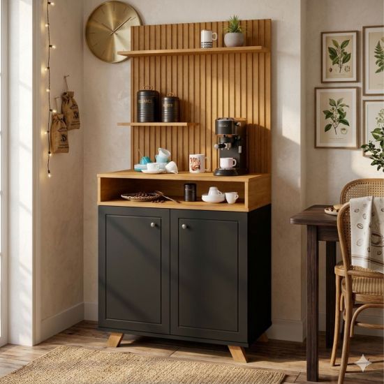 Armário Buffet Aparador Cantinho do Café J&A Móveis Star Ripado com 02 portas largura de 77 cm Preto Nature