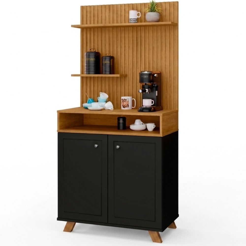 Armário Buffet Aparador Cantinho do Café J&A Móveis Star Ripado com 02 portas largura de 77 cm Preto Nature