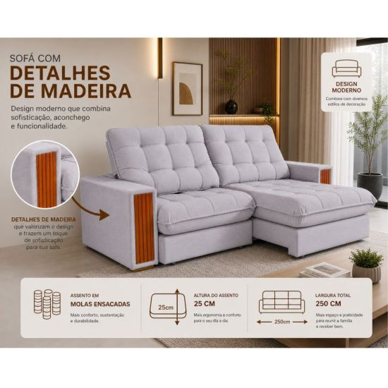 Sofá Retrátil e Reclinável Teixeira Viena molas ensacadas no assento, pillow de 25 cm, largura de 250 cm Capuccino