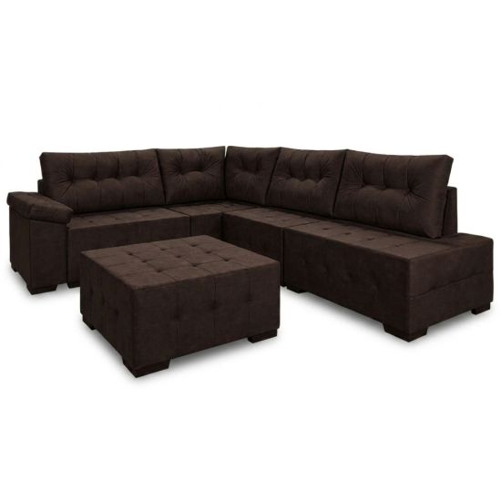 Sofá de Canto Star Porto Rico com Puff largura de 285 cm x 215 cm tecido veludo Marrom