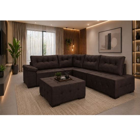 Sofá de Canto Star Porto Rico com Puff largura de 285 cm x 215 cm tecido veludo Marrom