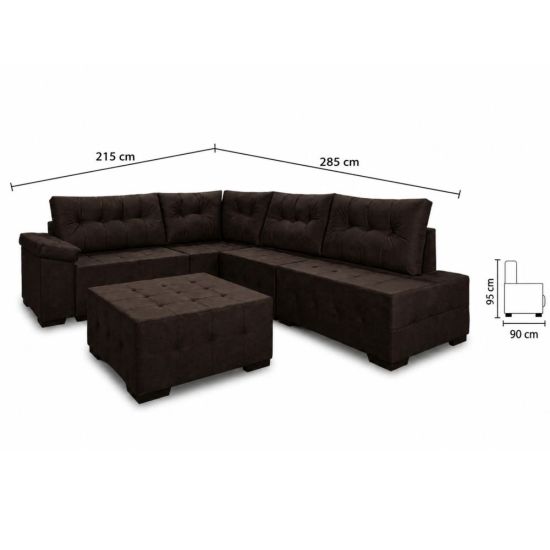 Sofá de Canto Star Porto Rico com Puff largura de 285 cm x 215 cm tecido veludo Marrom