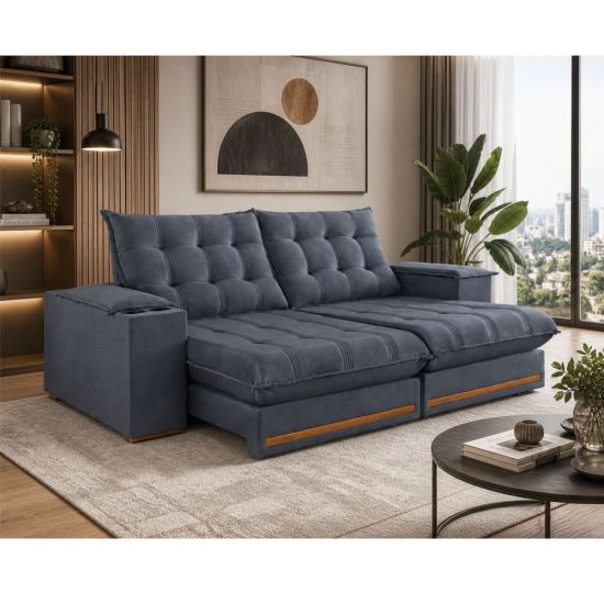 Sofá Retrátil e Reclinável Teixeira Meriti molas ensacadas no assento pillow top de 25 cm, largura de 250 cm Grafite