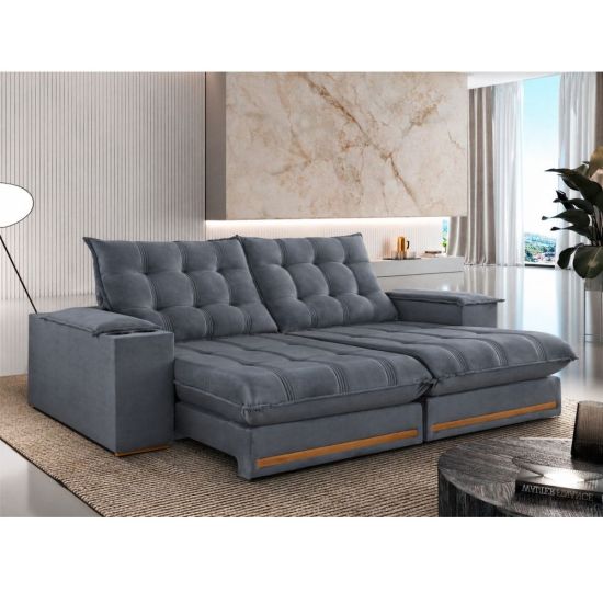 Sofá Retrátil e Reclinável Teixeira Meriti molas ensacadas no assento pillow top de 25 cm, largura de 250 cm Grafite