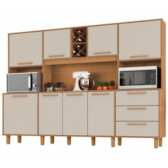 Armário de Cozinha Zanzini Apollo 8 portas 3 gavetas espaço para forno e micro-ondas largura de 242 cm Cinamomo Areia