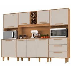Armário de Cozinha Zanzini Apollo 8 portas 3 gavetas espaço para forno e micro-ondas largura de 242 cm Cinamomo Areia
