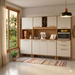 Armário de Cozinha Zanzini Apollo 8 portas 3 gavetas espaço para forno e micro-ondas largura de 242 cm Cinamomo Areia