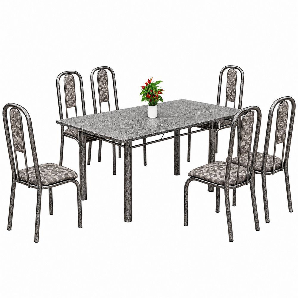 Conjunto de Mesa Teixeira base 3 com 6 cadeiras Madri tampo de granito ocre Preto 
