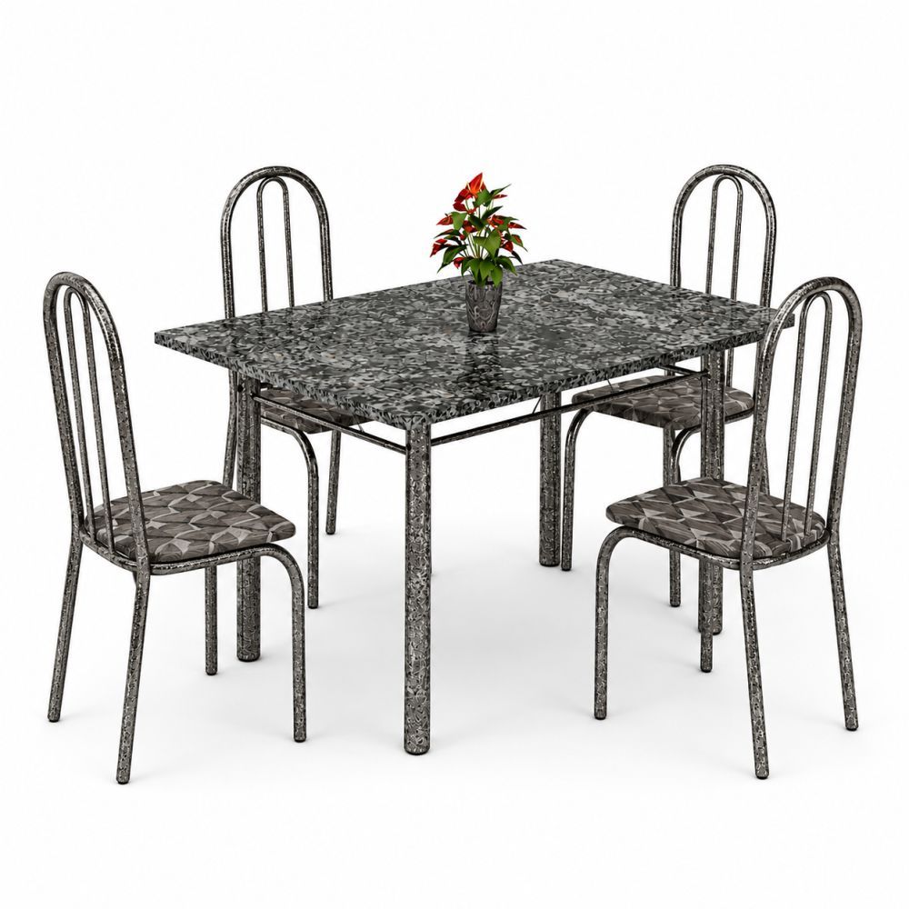 Conjunto de Mesa Teixeira base 3 com 4 cadeiras Ubatuba tampo de granito ocre Preto 