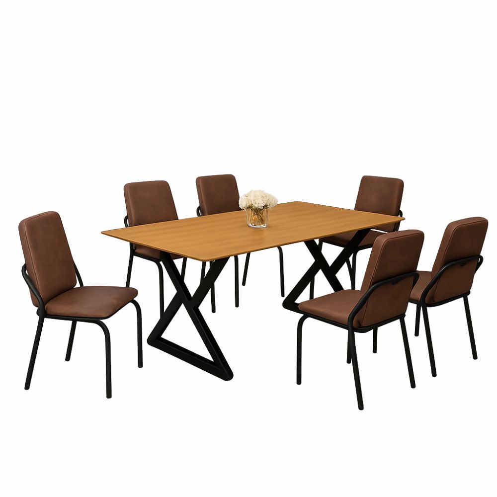 Conjunto de Mesa Teixeira Império tampo BP largura 160 cm com 6 cadeiras Malibu estofadas Preto Fosco Cinamomo 