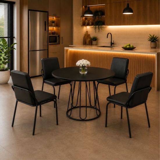 Conjunto Sala de Jantar mesa redonda 90 cm Teixeira Ômega com 4 cadeiras Malibu estofadas Preto 
