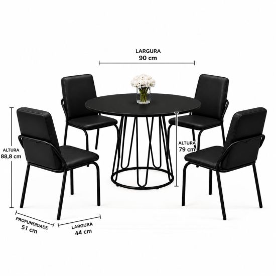 Conjunto Sala de Jantar mesa redonda 90 cm Teixeira Ômega com 4 cadeiras Malibu estofadas Preto 