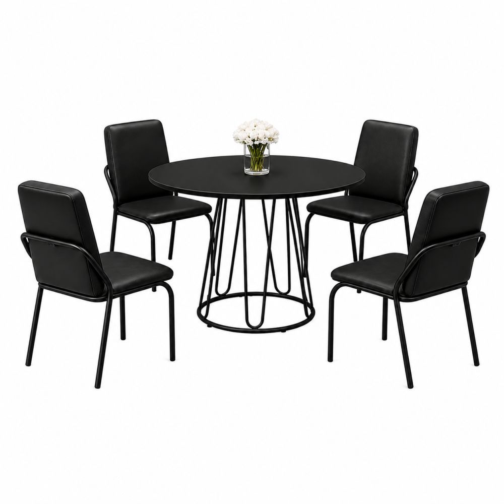 Conjunto Sala de Jantar mesa redonda 90 cm Teixeira Ômega com 4 cadeiras Malibu estofadas Preto 