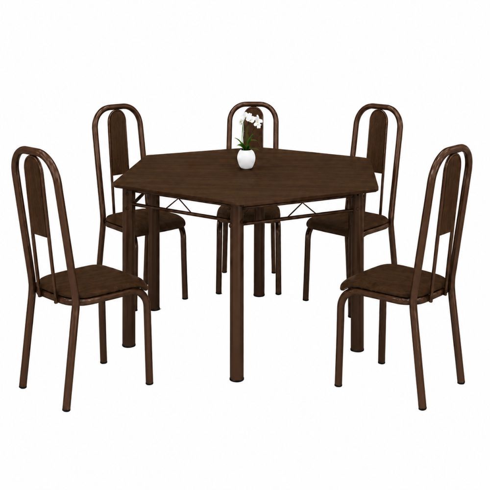 Conjunto de mesa Sextavado Teixeira em aço 6 cadeiras Madri pedra de ardosia pintado Marrom Martelado 
