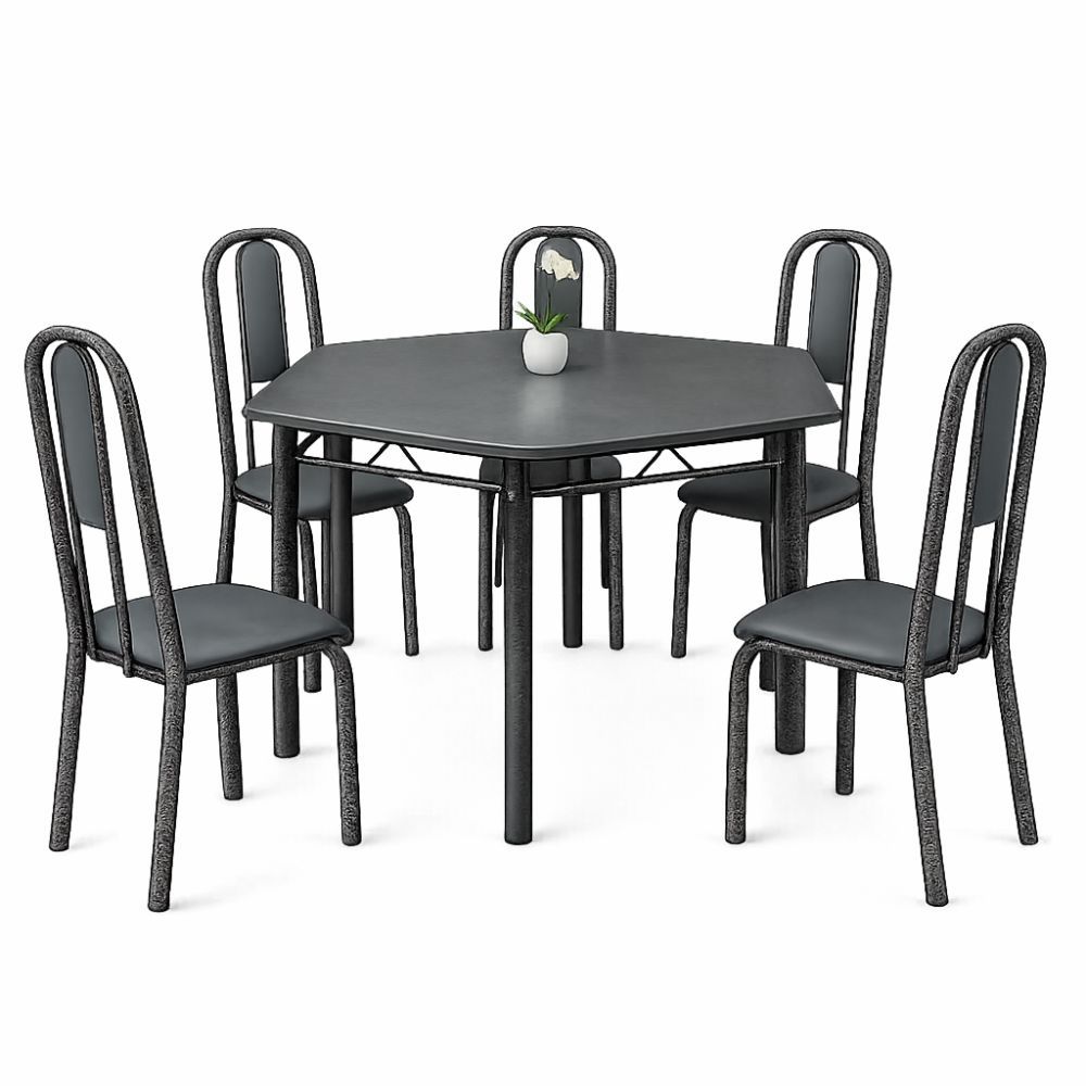 Conjunto de mesa Sextavado Teixeira em aço  6 cadeiras Madri, tampo pedra de ardosia pintado Grafite Martelado 