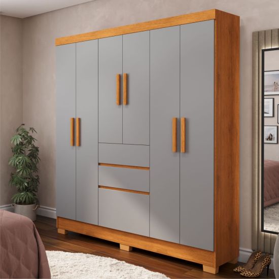 Guarda Roupa Casal J&A Móveis Brunela Munique 7 portas 2 gavetas com pés largura 156 cm Nature Cinza   