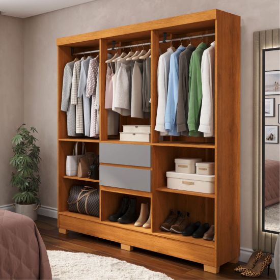 Guarda Roupa Casal J&A Móveis Brunela Munique 7 portas 2 gavetas com pés largura 156 cm Nature Cinza   