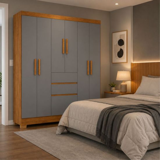 Guarda Roupa Casal J&A Móveis Brunela Munique 7 portas 2 gavetas com pés largura 156 cm Nature Cinza   