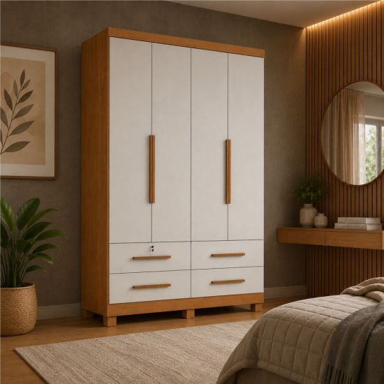 Guarda Roupa Solteiro Zanzini Maximus Plus 4 portas 4 gavetas com pés Cinamomo Areia 
