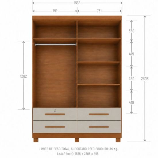 Guarda Roupa Solteiro Zanzini Maximus Plus 4 portas 4 gavetas com pés Cinamomo Areia 