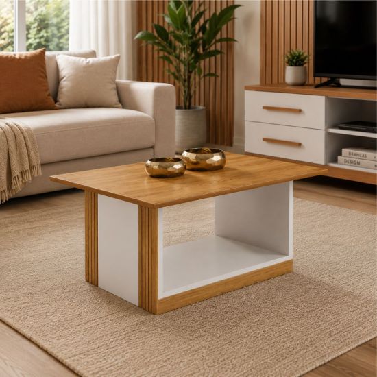 Mesa de Centro Valdemóveis Pérola com tampo em MDF pés com rodízios Cinamomo OFF White
