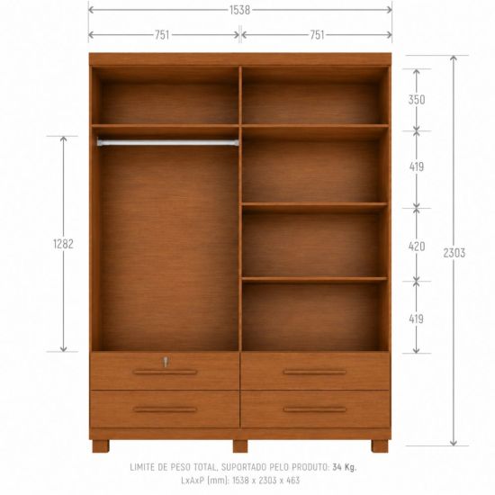 Guarda Roupa Solteiro Zanzini Maximus Plus 4 portas 4 gavetas com pés Cinamomo 