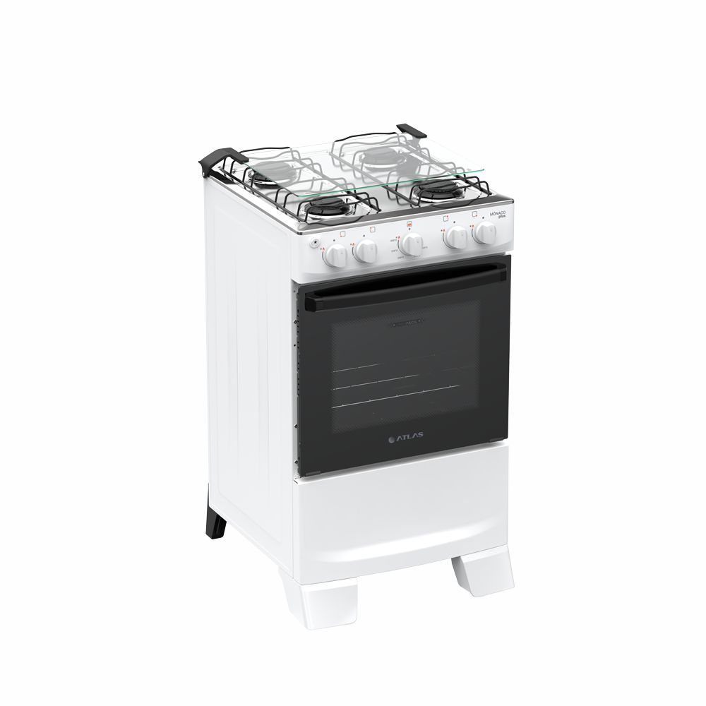 Fogão de Piso Atlas Mônaco Plus 4 Bocas com mesa de inox tampa de vidro e acendimento automático Branco